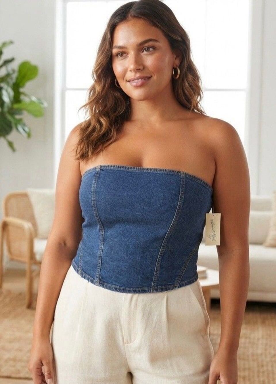 Y2K Denim Strapless Corset Tube Top Size 16 Bustier NWT Coquette Blue Women